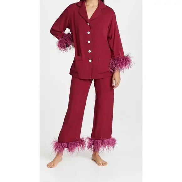 Sleeper Burgundy Feather Trim Pajama Set - Picture 2 of 6